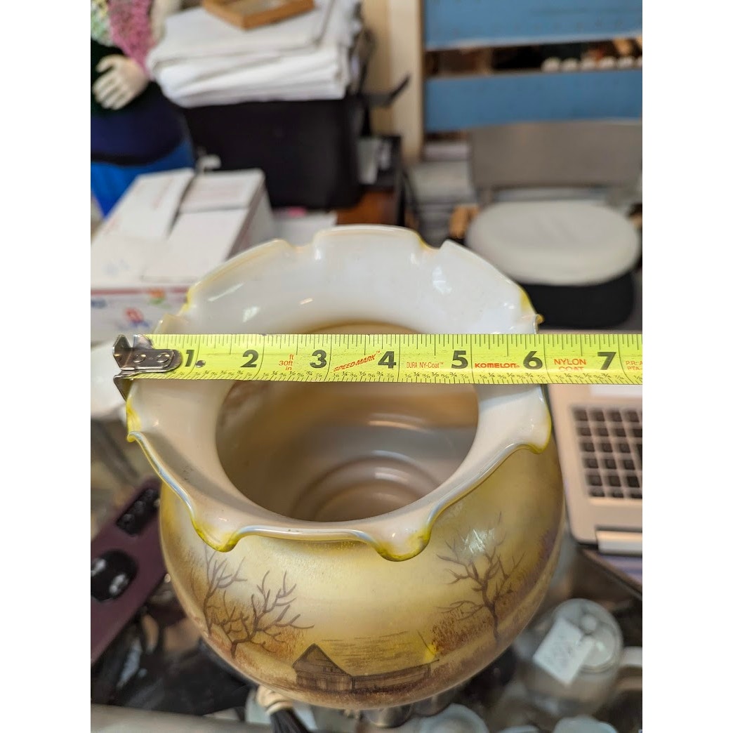 Vintage Custard Glass Lamp Handpainted Barn Scene Ribbon Top French Country