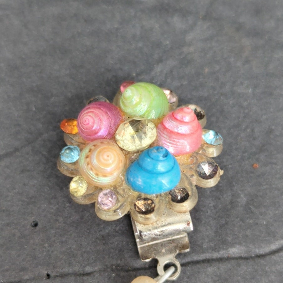 Vintage Pastel Shell Rhinestone Pearl Sweater Guard Clip Chain Cardigan Clamp