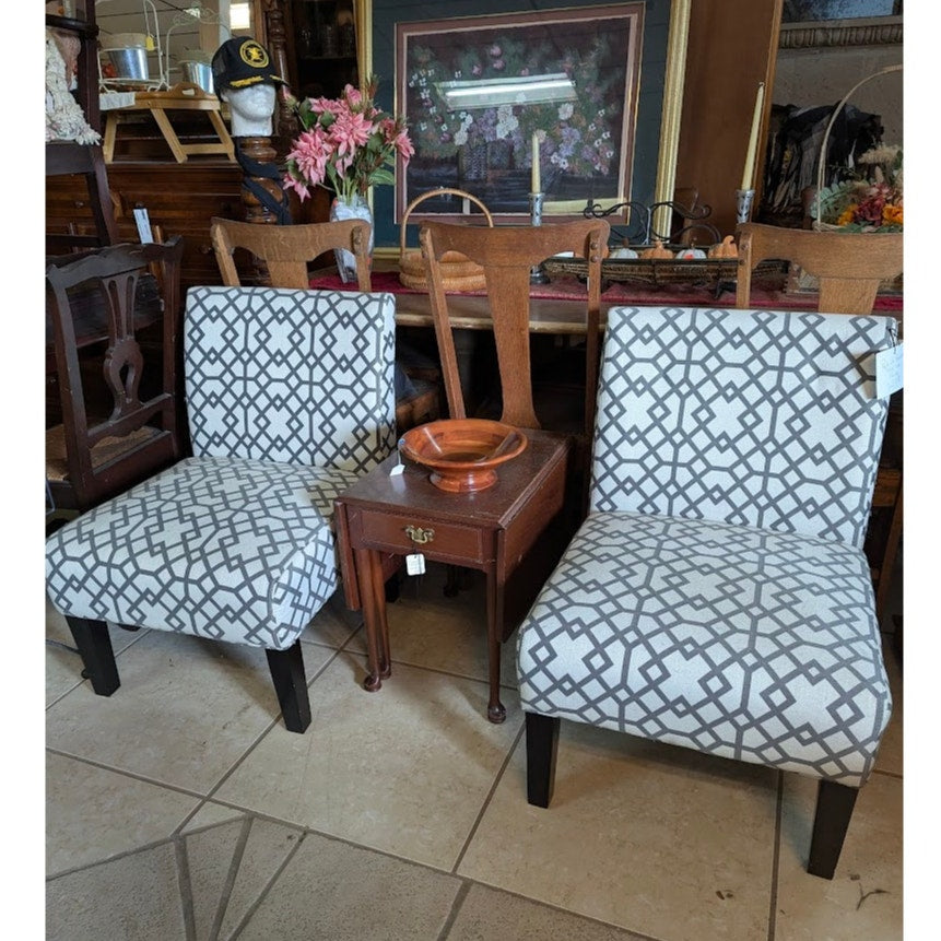 Secondhand Sandies: Pair of armless occasional chairs gray and ivory