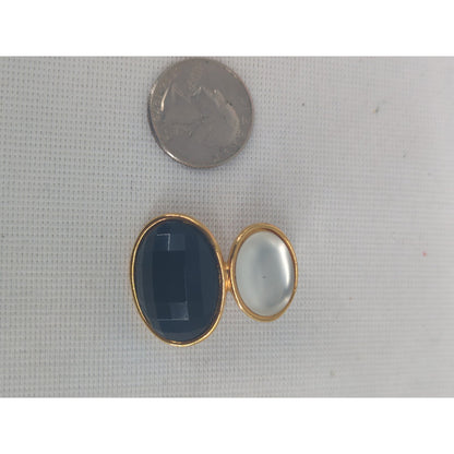 Vintage Double Drop Oval Earrings Black Faceted Resin Gold-Tone Glamour