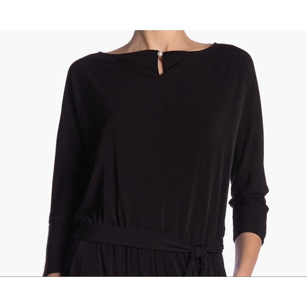 Three-Quarter Length Sleeve Waist Tie Jumpsuit Nina Leonard Black NEW Skinny