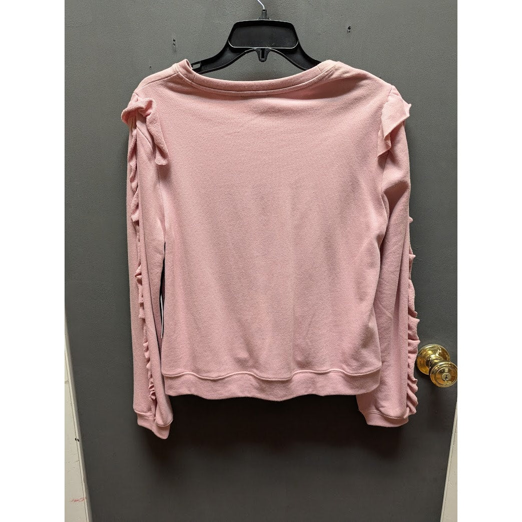 NWT 1. State Sweatshirt Womens MEDIUM Ruffled Crew-neck Rose Pink rib Hem $69