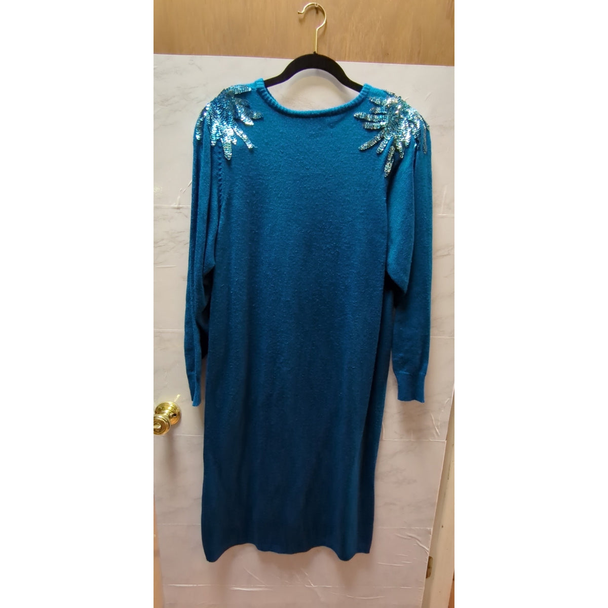 Vintage Plain Jane Size Medium Blue sweater dress Sequin epulets shoulders 1980s