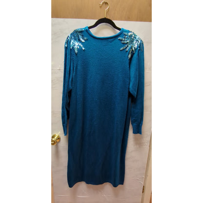 Vintage Plain Jane Size Medium Blue sweater dress Sequin epulets shoulders 1980s