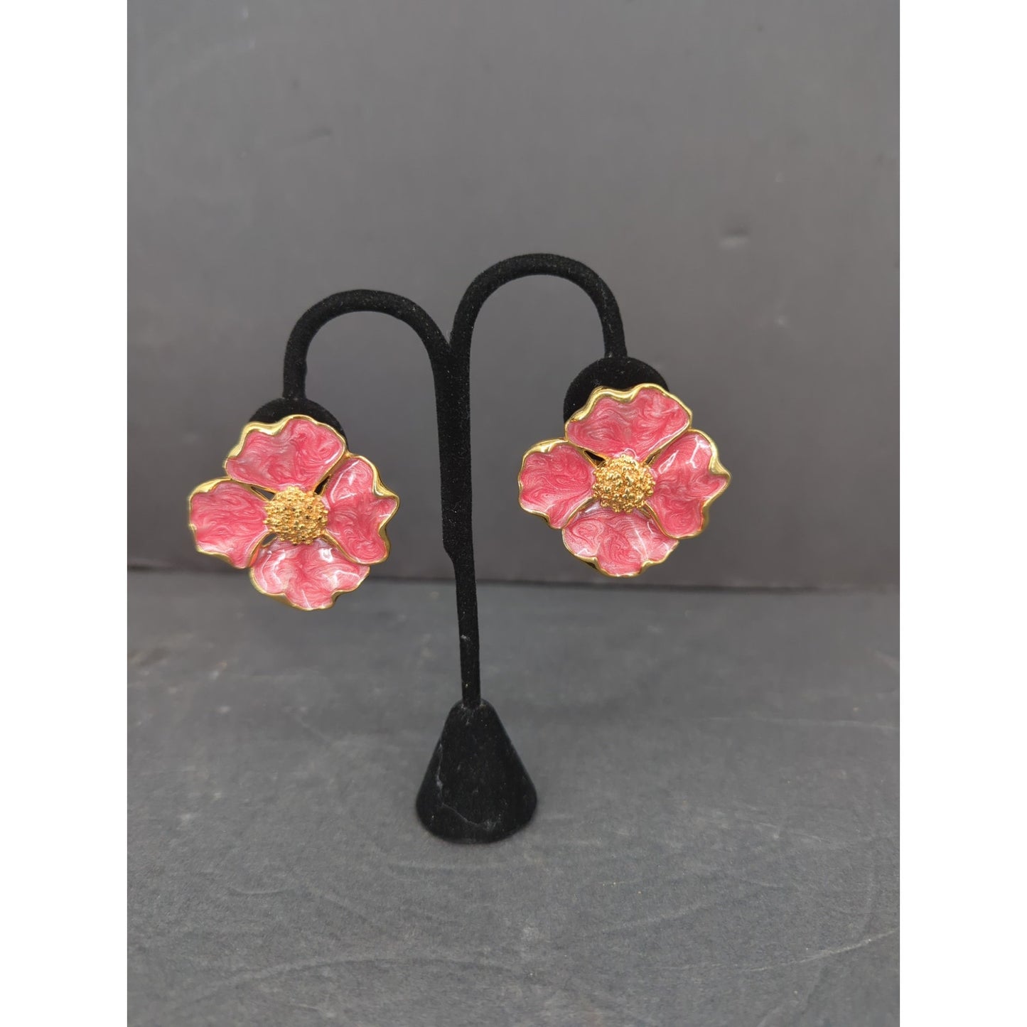 Vintage Pink Enamel Dogwood Flower Pierced Stud Earrings Retro Floral Jewelry