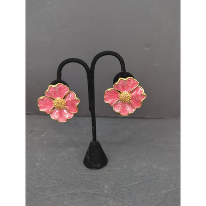 Vintage Pink Enamel Dogwood Flower Pierced Stud Earrings Retro Floral Jewelry
