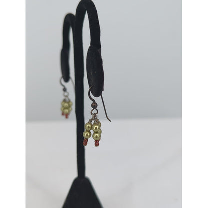 Vintage Petite Faux Pearl Cluster Gold Tone Red Beaded Cluster Dangle Earrings