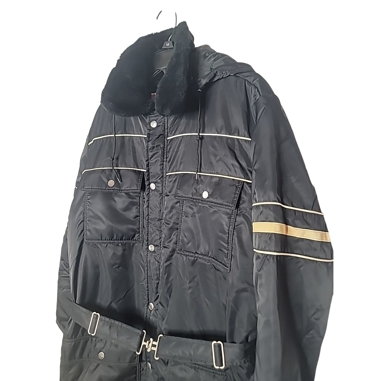Sears Work Leisure Vintage Zip Up Black White Strips Coveralls Large HOODED