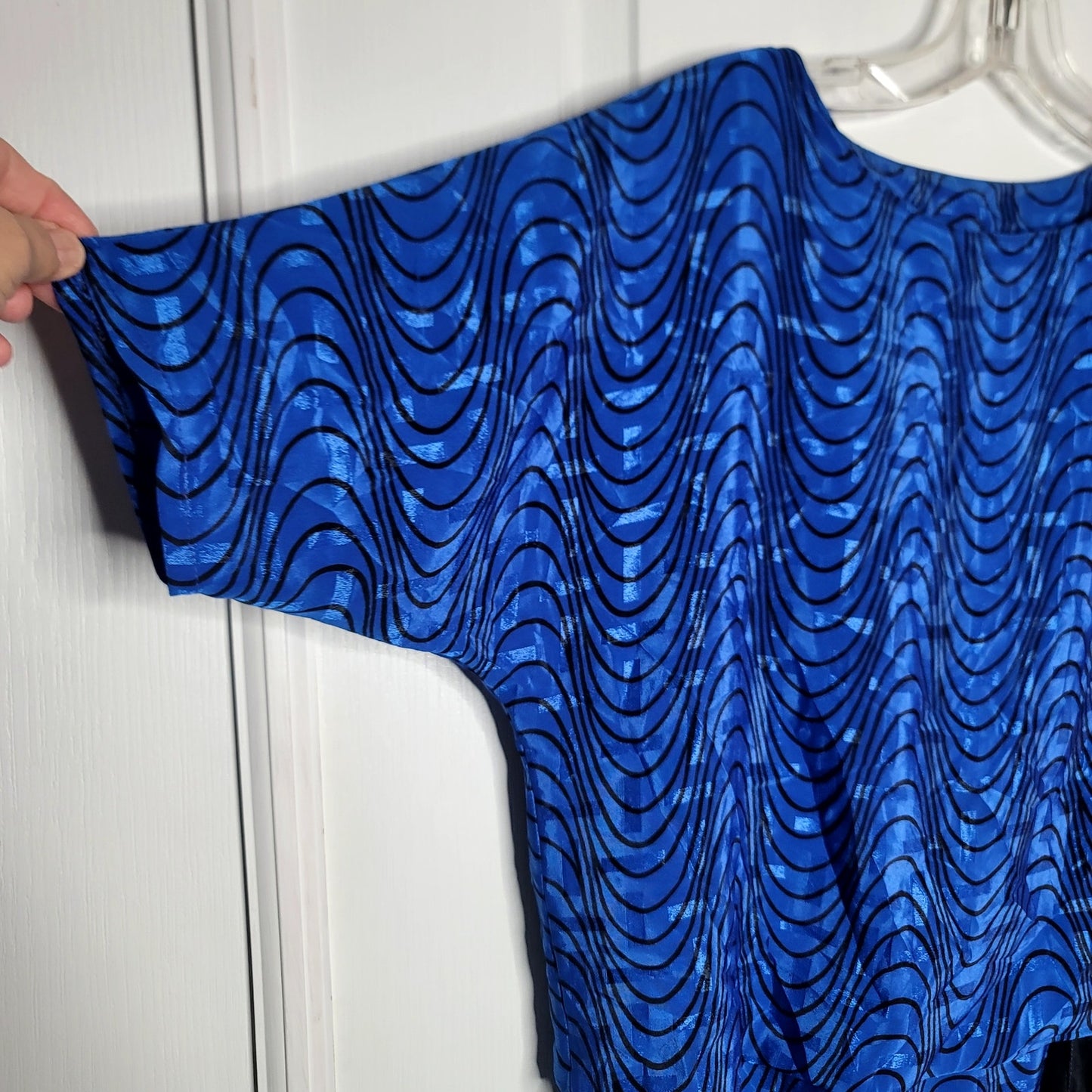 Vintage 80s blue black Shiny peplum bottom drop waist geometric Dress Large Poly