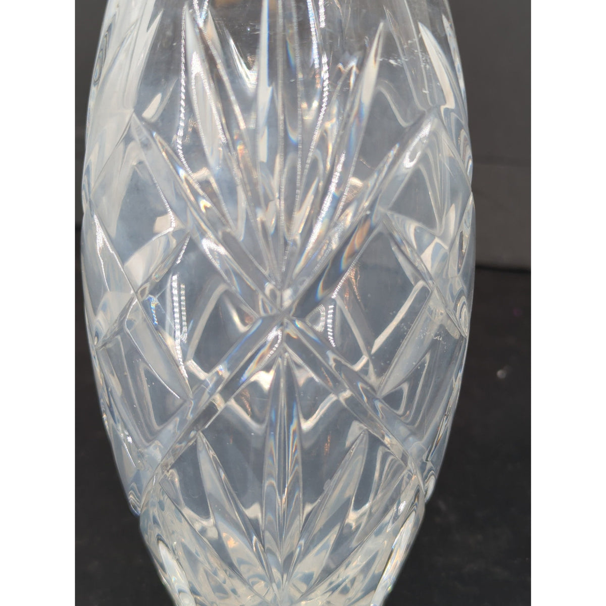 Vintage Crystal Cut Glass Flower Vase Oval Barrel Shape Diamond Pattern 8"