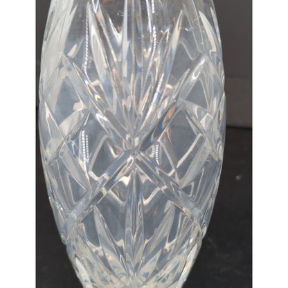 Vintage Crystal Cut Glass Flower Vase Oval Barrel Shape Diamond Pattern 8"