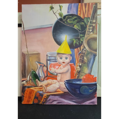 Oddities Surrealist Oil Painting Doll FunnelHat Kitsch Eclectic Moody Still Life