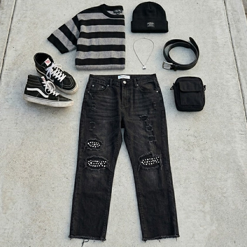 Indigo Rein Black Distressed 30x31 Rhinestone Jeans Y2K Goth Punk Denim Pants 13