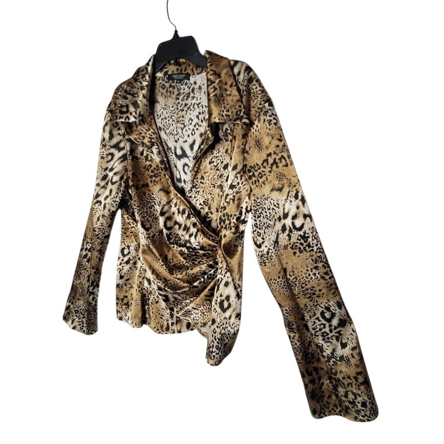 Karen Kane Casual Luxury Leopard Print Wrap Blouse XL Long Sleeve VNeck
