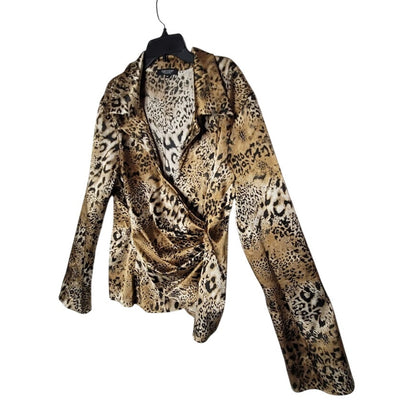 Karen Kane Casual Luxury Leopard Print Wrap Blouse XL Long Sleeve VNeck