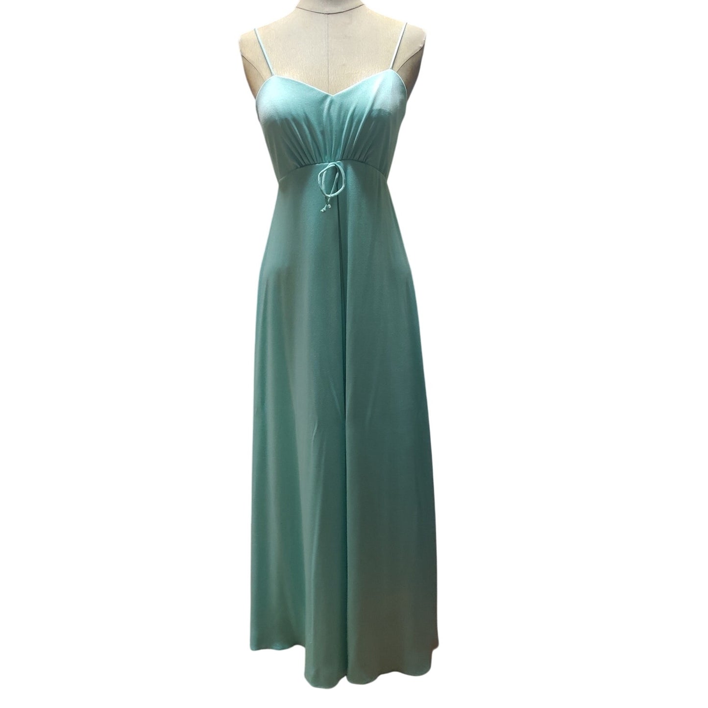 Vintage 70s Mint Green Sweetheart Maxi Dress Bowtie Empire Waist Prom Gown XS