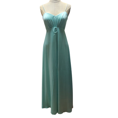 Vintage 70s Mint Green Sweetheart Maxi Dress Bowtie Empire Waist Prom Gown XS