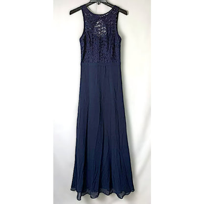 NWT Bill Levkoff Sweetheart Halter High Neck Open Back Formal Maxi Sz 6 in Navy