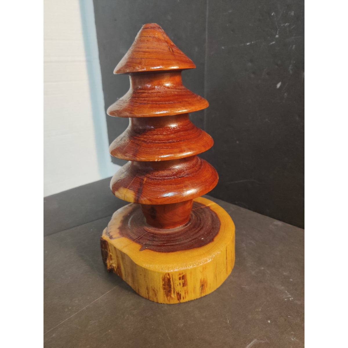 Vintage Handcrafted Wooden Christmas Tree Folk Art Live Edge Base
