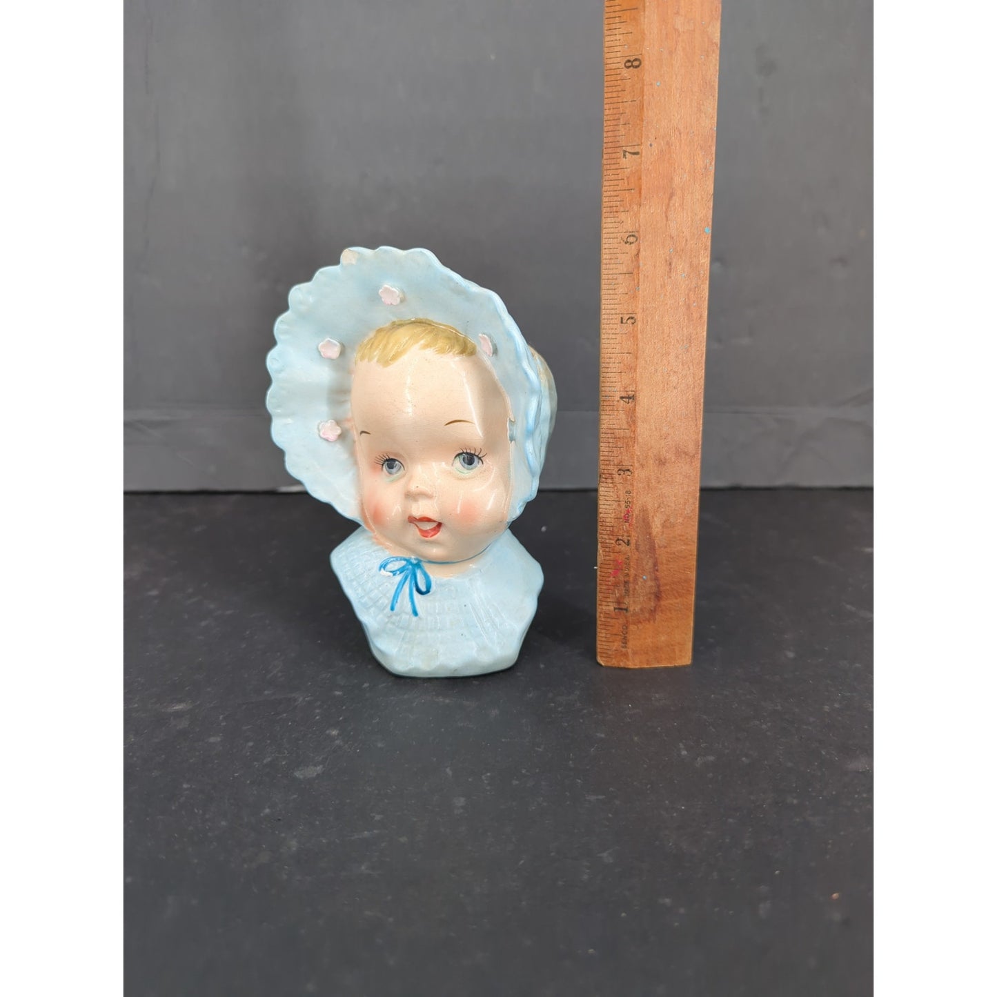 Vintage Ceramic Baby Head Vase Blue Bonnet Planter Figurine Mid Century