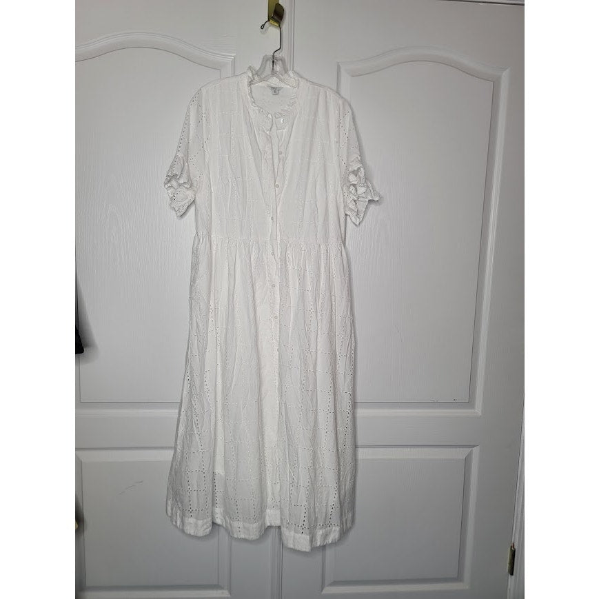 Crown & Ivy White eyelet button up Dress Midi Size XL Pockets flutter sleeve
