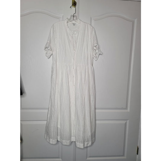 Crown & Ivy White eyelet button up Dress Midi Size XL Pockets flutter sleeve