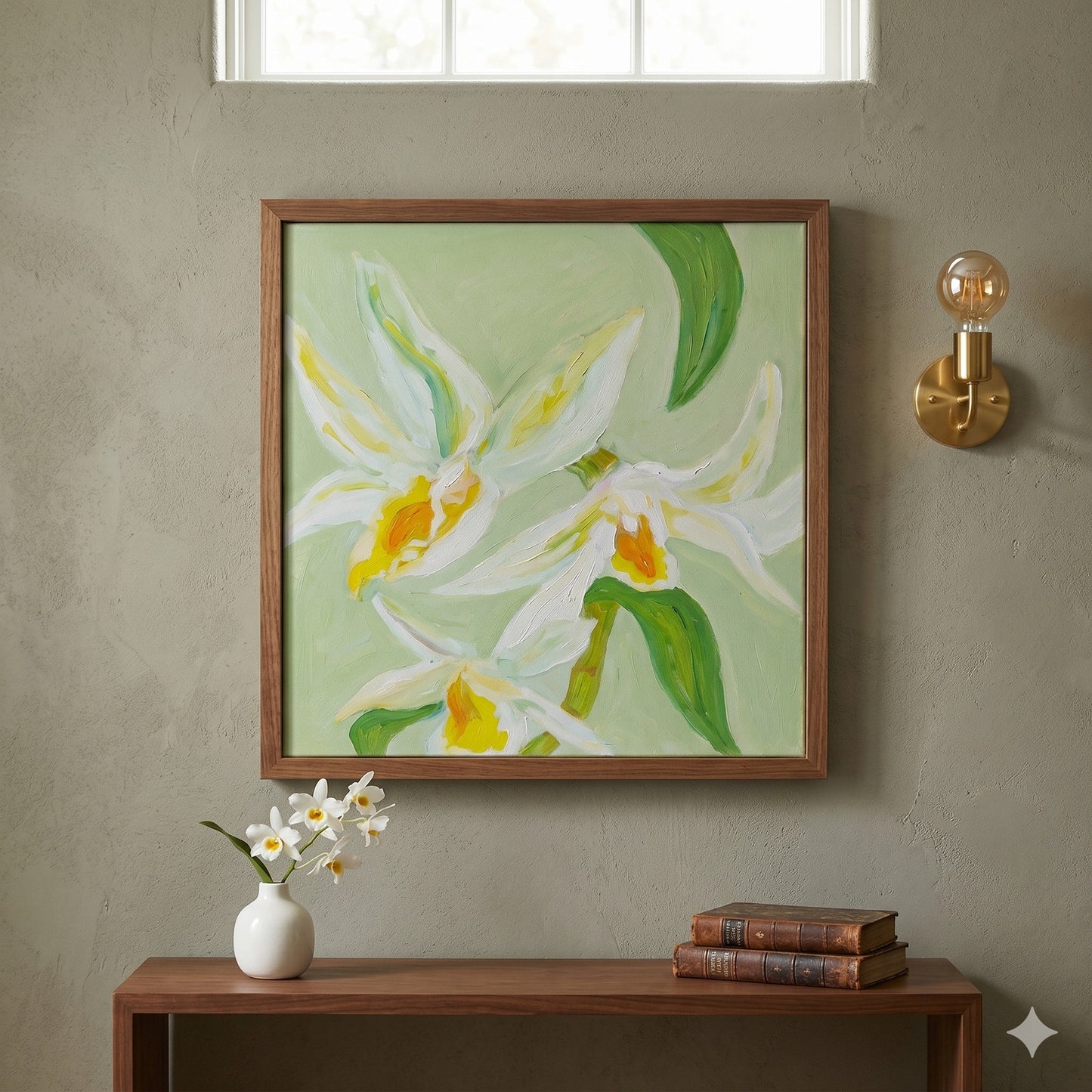 13.6" x 13.6" Tropical Orchid Canvas Painting Framed Floral Abstract Wall Art