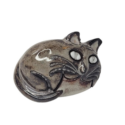 Vintage 1960s cat pottery resting kitty figurine red clay hand painted 2"
