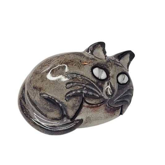 Vintage 1960s cat pottery resting kitty figurine red clay hand painted 2"