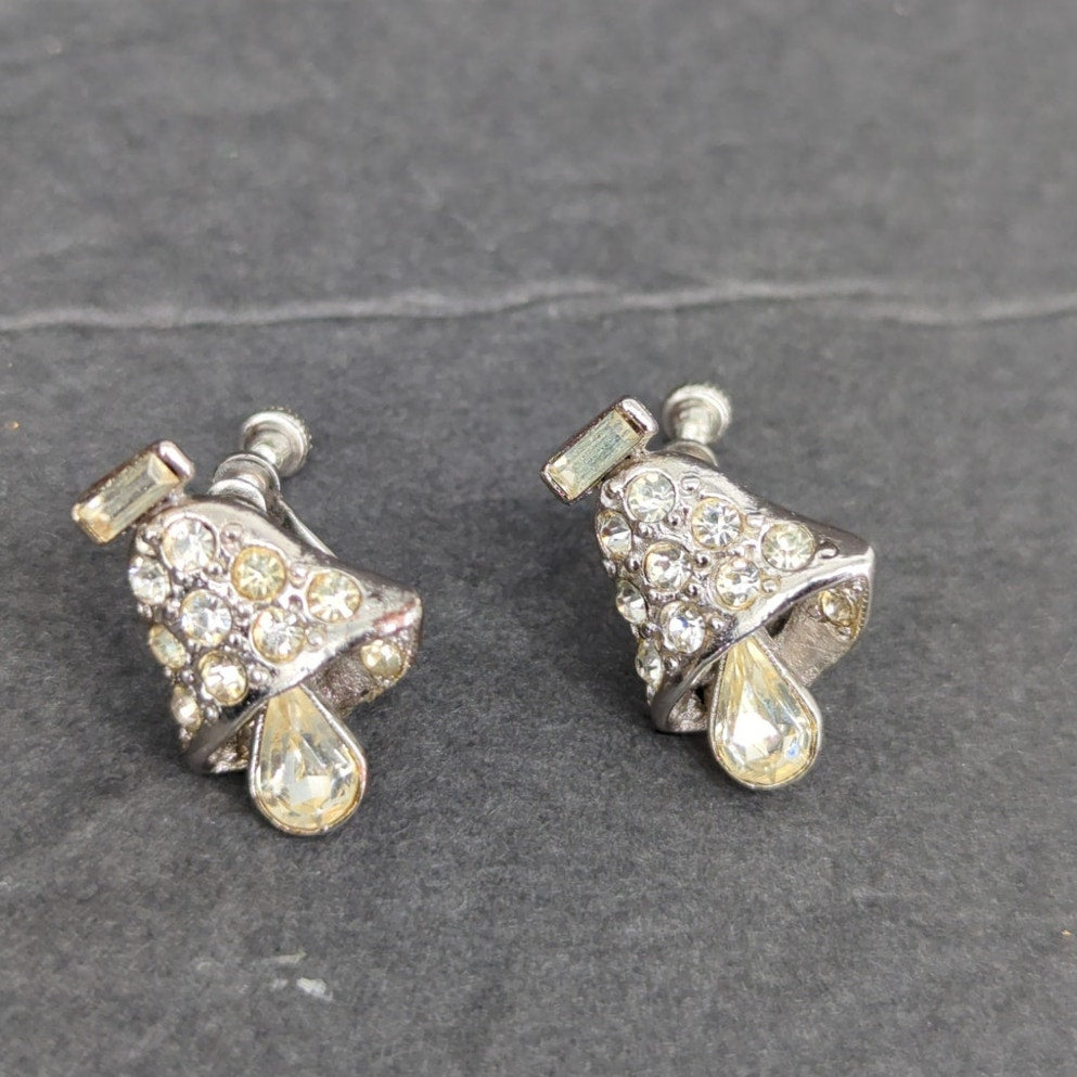 Vintage 1960s Clear Rhinestone Crystal Teardrop Bells ClipOn Dangle Drop Earring