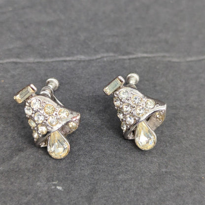 Vintage 1960s Clear Rhinestone Crystal Teardrop Bells ClipOn Dangle Drop Earring