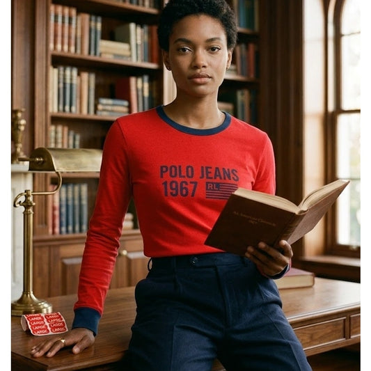 New Vintage Polo Jeans Large red blue long sleeve cotton tshirt Womens NOS Tee