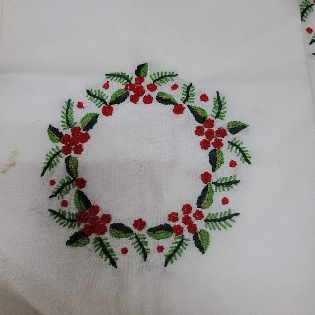 Pair of Two Vintage Linen Hand Embroidered Christmas Tea Towel Holly Green Red