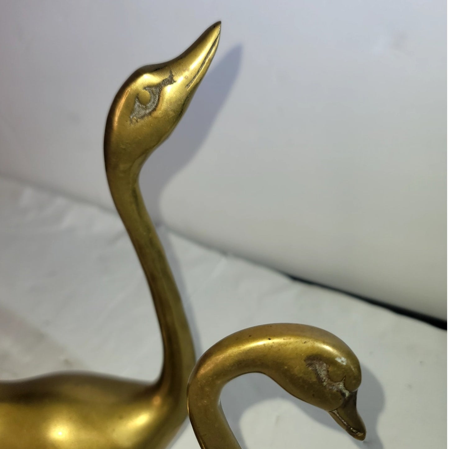 Vintage Brass Swan Pair Korea MCM Mid Century Modern Large Small 8.5" & 5.5"