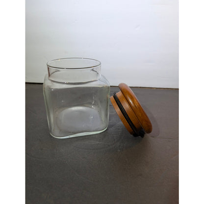 Vintage MCM Clear Glass Canister with Teak Sealed Lid 5" apothecary
