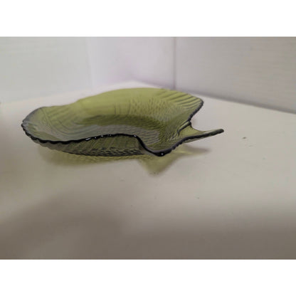 Vintage Olive Green Glass Fish Shaped Dish Ashtray Or Trinket Dish Coastal Beach
