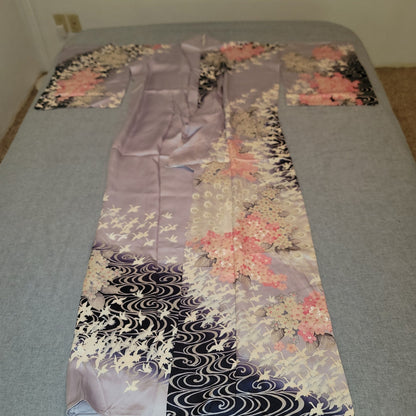Vintage Silk Tomesode (short sleeve) Kimono Robe Blue Birds Pink White Sakura