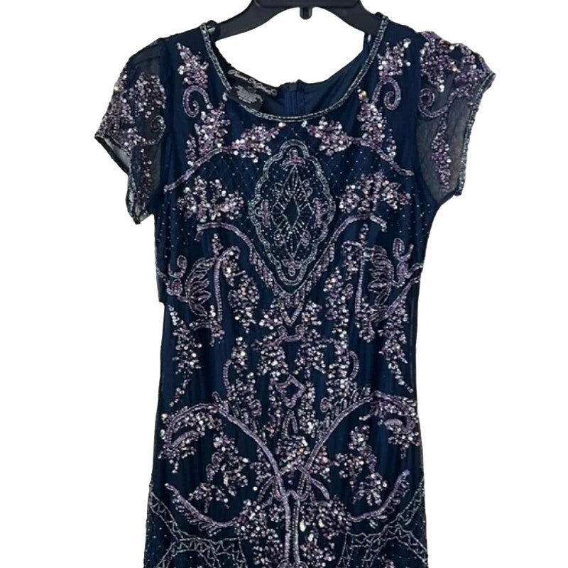 NWT Pisarro Nights Art Deco Beaded Mesh Cocktail Dress Size 8 in Carbon