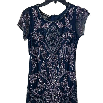 NWT Pisarro Nights Art Deco Beaded Mesh Cocktail Dress Size 8 in Carbon