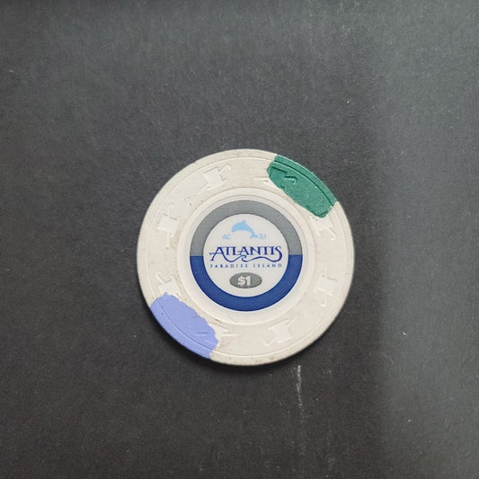 Casino Chip ATLANTIS PARADISE ISLAND $1 gaming white blue green dolphin