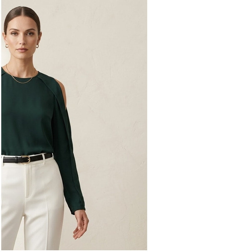 Antonio Melani Hunter Green Cold Shoulder Pleated Blouse Top minimalist XS