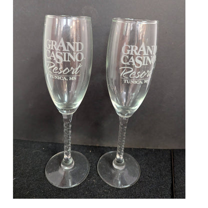 Vintage Grand Casino Tunica Champagne Flutes Twisted Stem Barware Glasses Pair