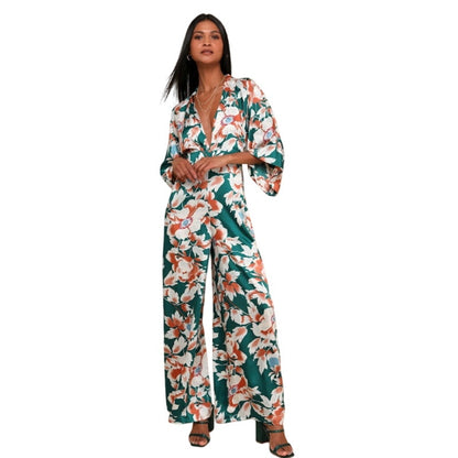 From Sunrise Teal Floral Print Wide-Leg Jumpsuit Lulus New Medium 3/4 Sleeve