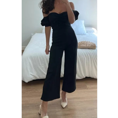 Lulus Impress Release Black Off-the-Shoulder Puff Sleeve Jumpsuit Black Small