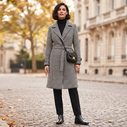 Vero Moda Coat Houndstooth Belted Maria Long Jacket Trench NEW Black White