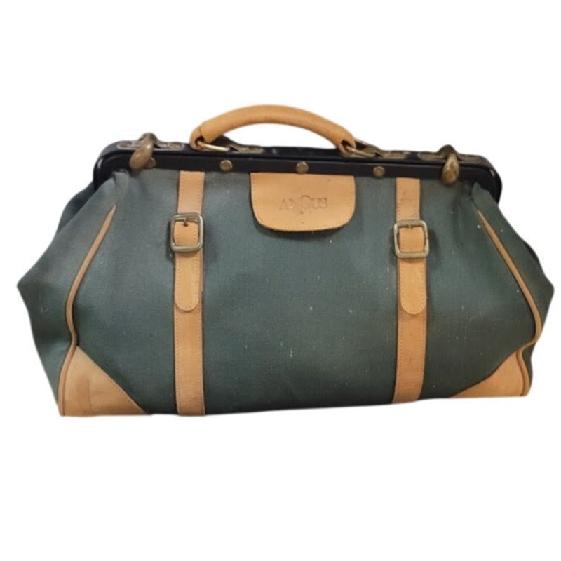 Vintage Angus Teal Green Canvas Leather Doctor Bag Tool CarryAll Travel Satchel
