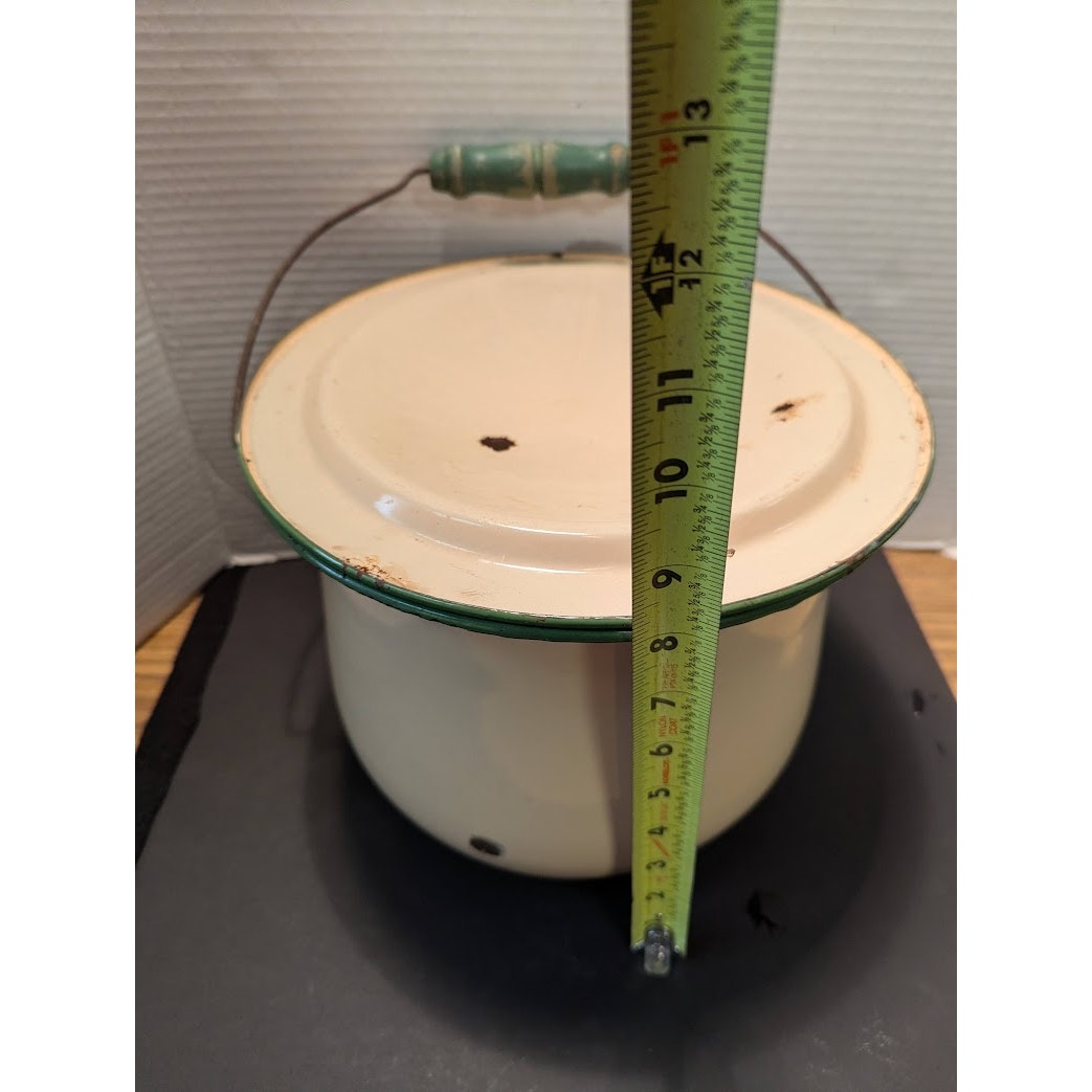 Vintage 1940's Cream Green Enamelware Pail Chamber Pot Slop Jar Wood Handle