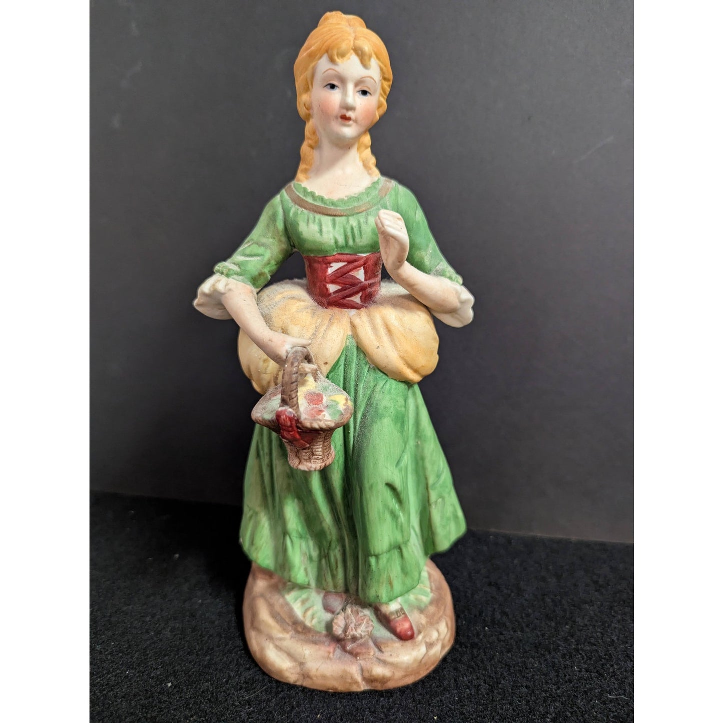Vintage Bisque Porcelain Peasant Girl Figurine with Flower Basket
