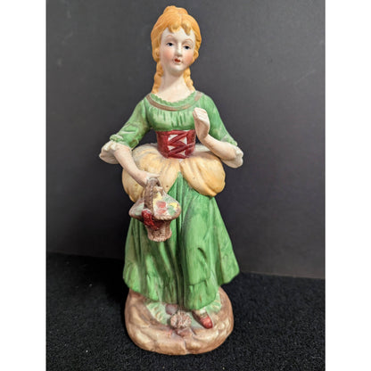 Vintage Bisque Porcelain Peasant Girl Figurine with Flower Basket