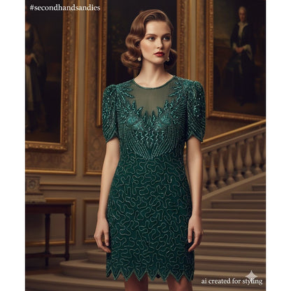 Vintage Denise Elle Sequin Beaded Scalloped Hem Sheath Dress Emerald Green Large